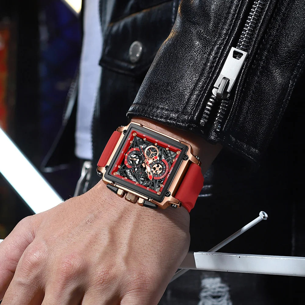 CRRJU Modische Sportuhren mit großem Zifferblatt, einzigartiges rechteckiges, hohles Design, Quarz-Armbanduhren mit Chronograph, automatisches Datum