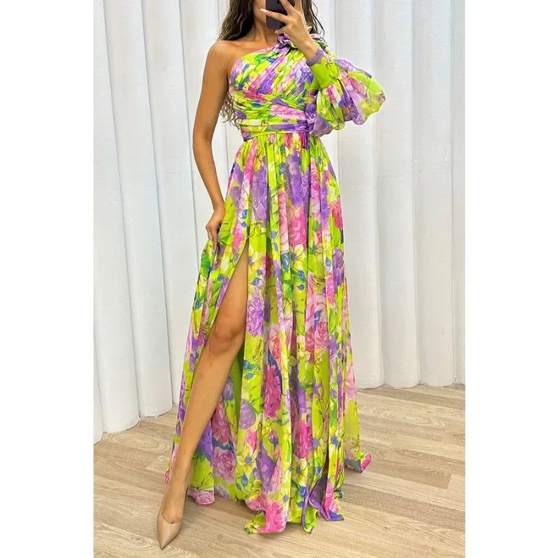 Women's Casual Off Shoulder Long Sleeved Waist Tied Dress with Slanted Collar Holiday Party Fashion Print Slit Dress