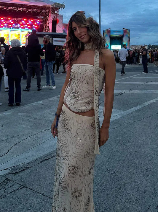 Women Elegant Skirt Set Pleated Sleeveless Beaded Decoration Backless Shorts Tops+High Waist A-Line Mesh Long Skirt Suits