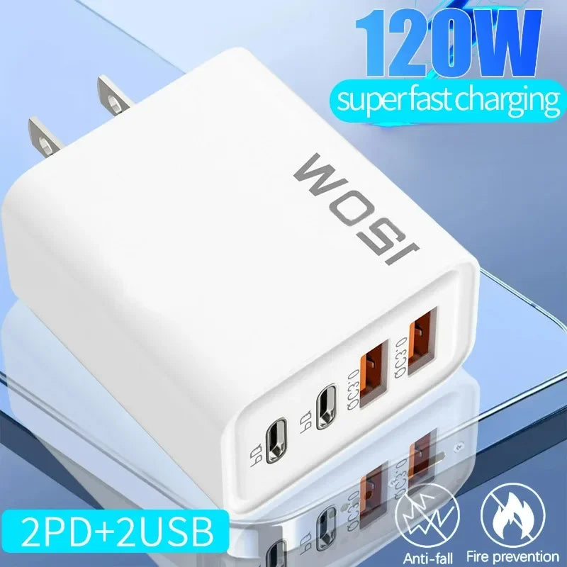 New 120W 4 Port USB Type C Charger Fast Charging Data Cable USB Phone Charger Adapter For Samsung iPhone Huawei Wall Charger