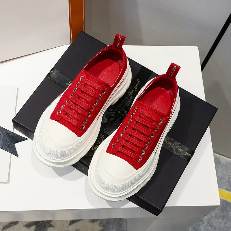 2024 Frühjahr Neue Damenschuhe Schnürschuhe Sport- und Freizeitschuhe für Herren Dicke Sohle Wasserdichte Plattform Weiche Erhöhte Leinwand Flache