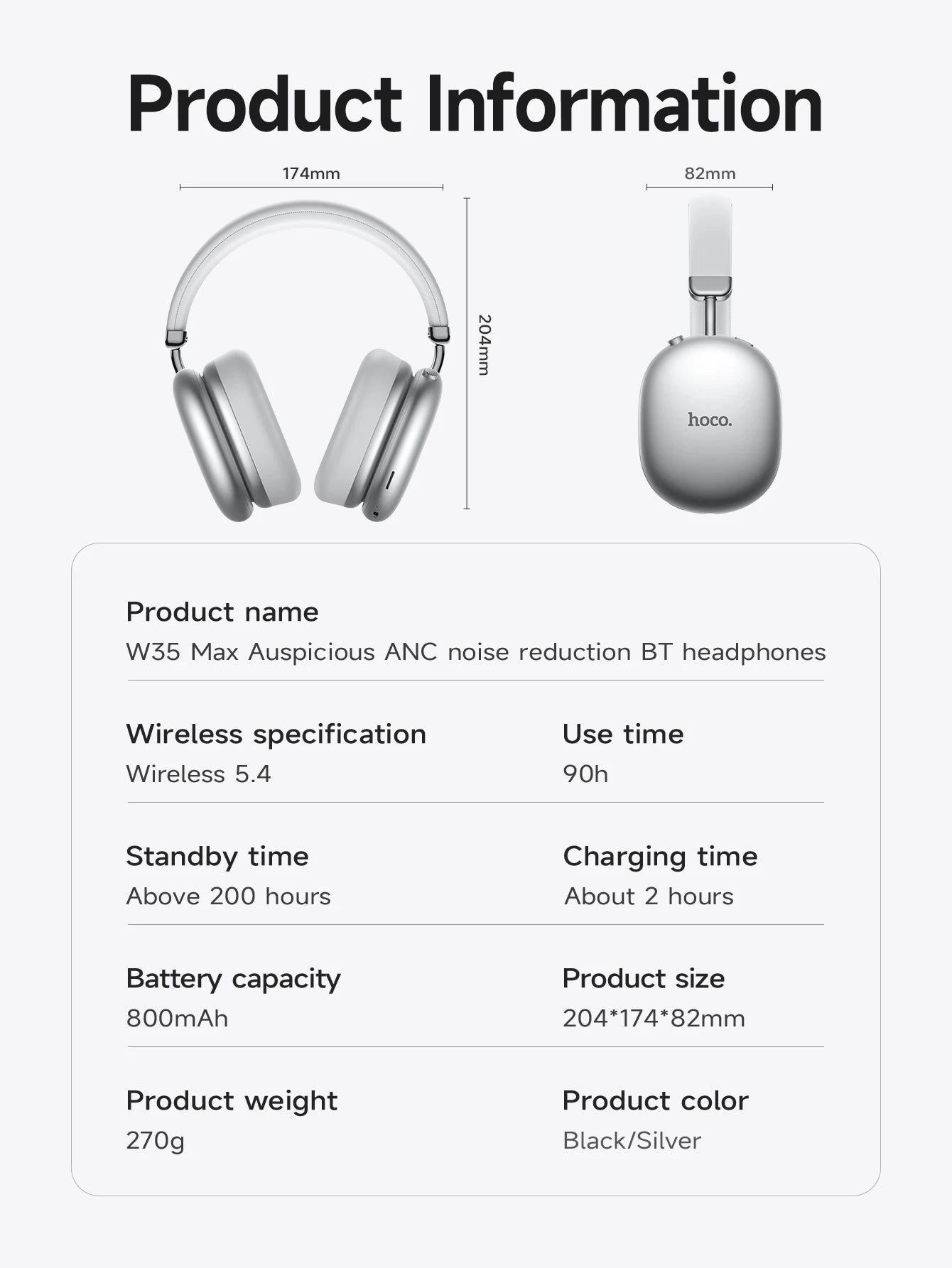 HOCO W35 Max ANC Noise Reduction Bluetooth Headphones Volume Control Over Ear Wireless Headsets 90H Use Time Earphones Universal