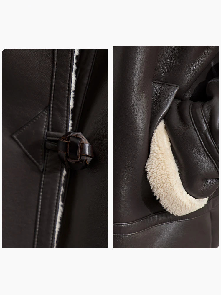 AMII Minimalist Simple Commuter Faux Leather Jacket for Women 2024 Winter Thick Warm Lapel PU Fur Female Chic Over Coat 12424007