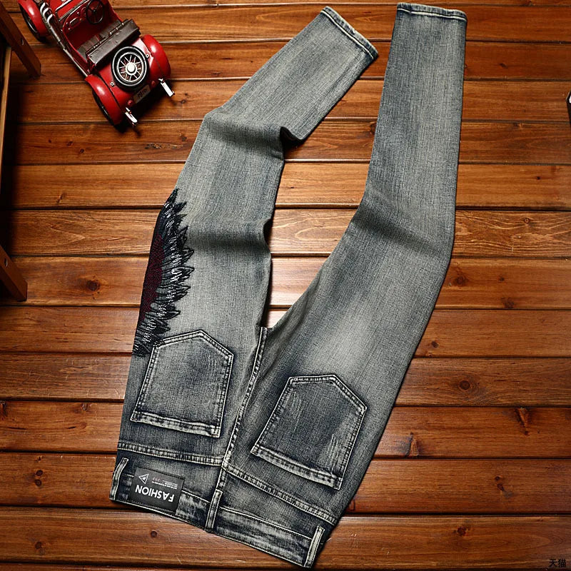 New Embroidered Perforated Light Luxury High end Jeans Men Elastic Fashion Brand Slim Fit Fashion High Street Casual Denim Pants