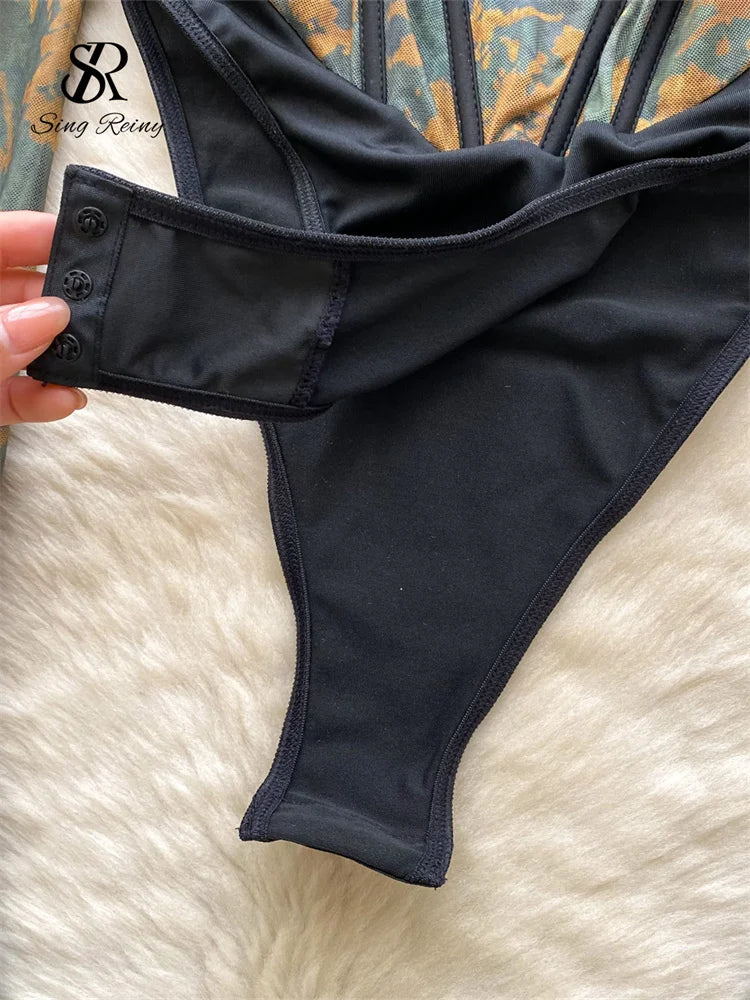 SINGREINY Halter Gauze Print Sexy Rompers Women Spliced Long Sleeve Playsuits Fashion Retro Open crotch Corset Ladies Bodysuits