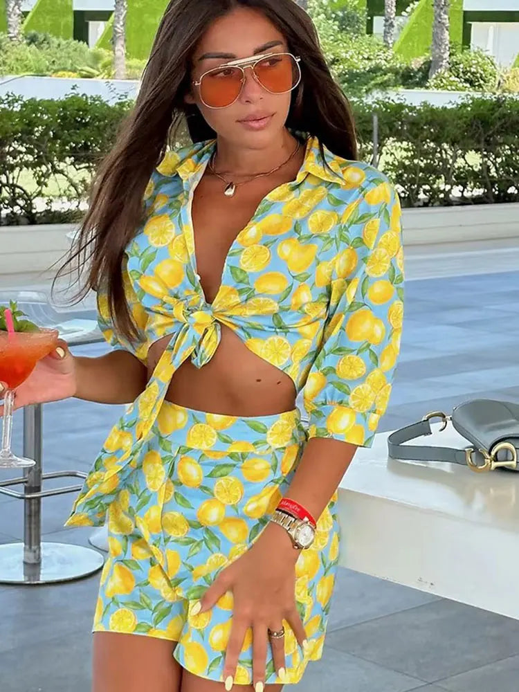 HH Women Fashion Fruit Print Shorts Elegant Zipper Fly High Waist Short Pant Casual Female Sweet Streetwear Shorts