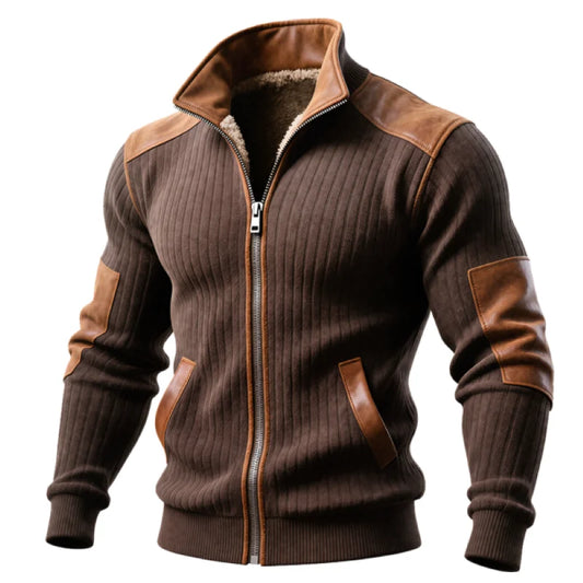 Brown Ribbed Zip-Up Jacket with Leather Accents