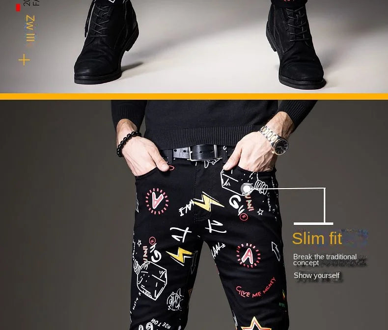 Luxuriöse Jeanshose für Herren, Hip-Hop-Jeans mit Graffiti-Print, Designer-Jeans in Slim Fit, trendige schwarze Jeans, Stretch-Cowboy-Baumwollhose für Männer