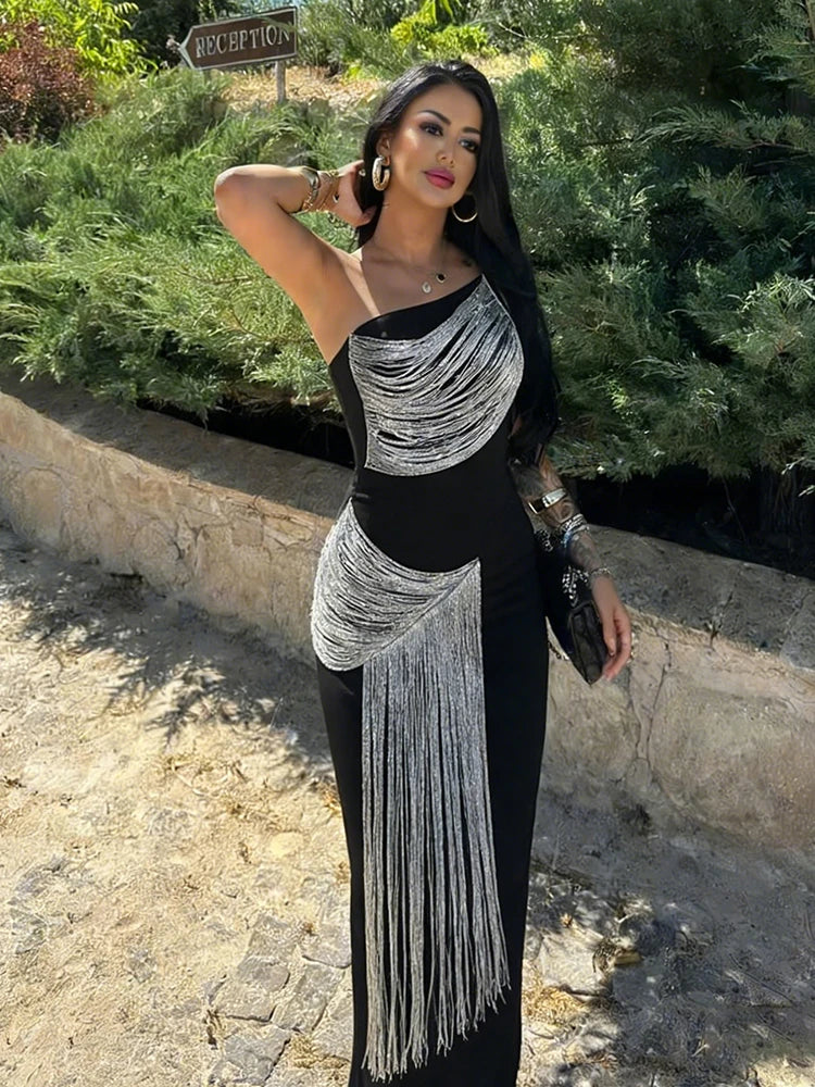 Hottie Tassel Dress Women Inclined Shoulder Sleeveless Sexy Skinny Prom Party Summer Fashion Vacation Chic Vestidos