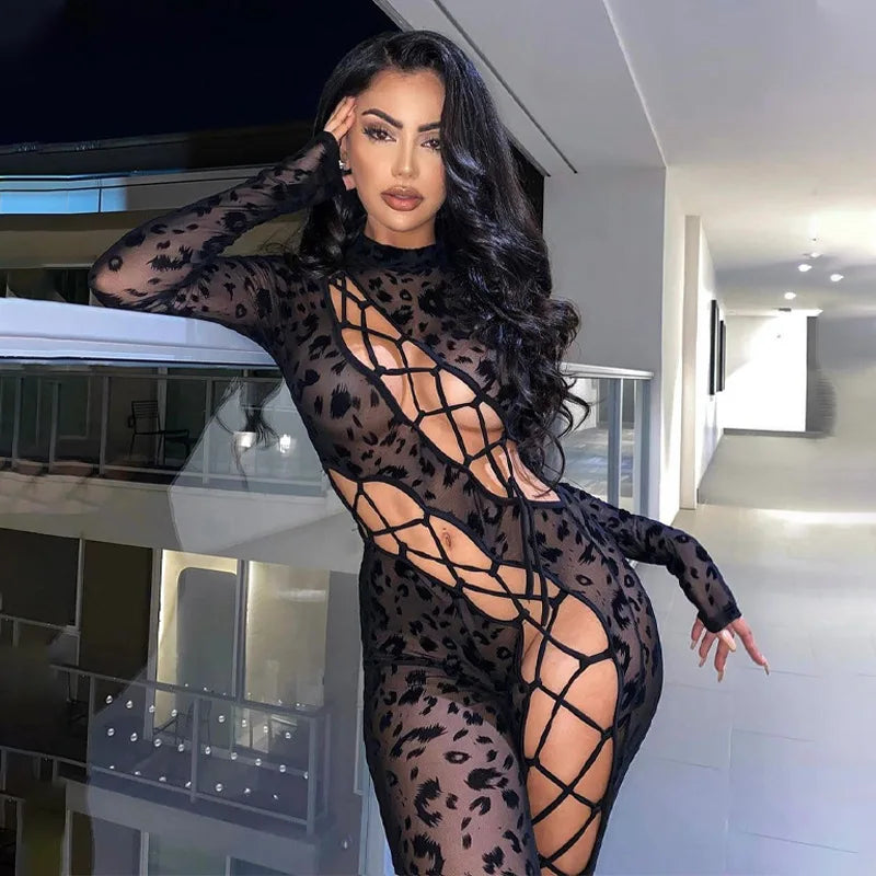 Skinny Hollow Out Cross Bandage Patchwork Jumpsuits Women Leopard Print Retro Fashion Sexy Cleavage Bodycon Party Clubwear Hot