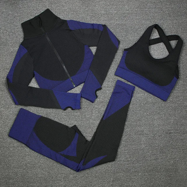 New  Spring Autumn Set Reticulate Stretch Fitness Seamless  Sportswear Suit For Women