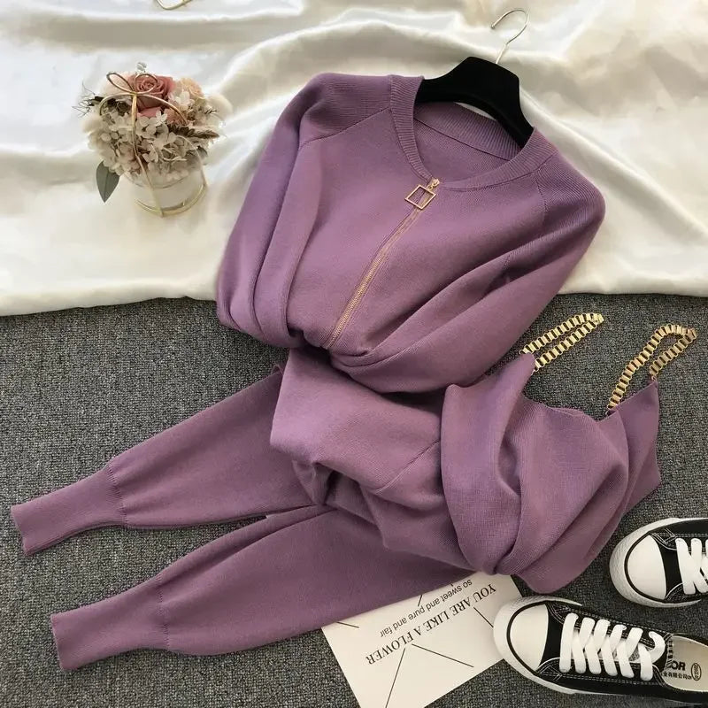 Womens Knit 3 Piece Sets V Neck Spaghetti Tops + Loose Cardigan Coats Suit + Knitwear Jogger Pants Fall Winter Casual Conjuntos
