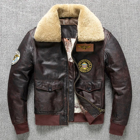 Air Force Flight Jacket Fur Collar Genuine Top Layer Cow Leather Jacket Men Brown Cowhide Men's Winter Military G1 Jacket 6XL
