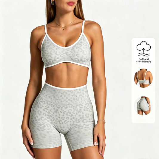 Women Leopard Print 2 Piece Yoga Set High Waist Butt Lift Biker Shorts Adjustable Strap Sports Bra Gym Workout Activewear