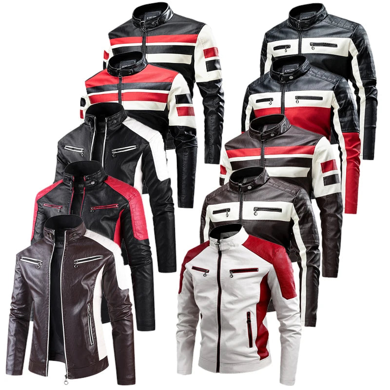 2025 New Color Blocked Stand Up Collar PU Leather Motorcycle Bike Jackets for Men,multi-color Spring Autumn  Thin Casual PU Coat