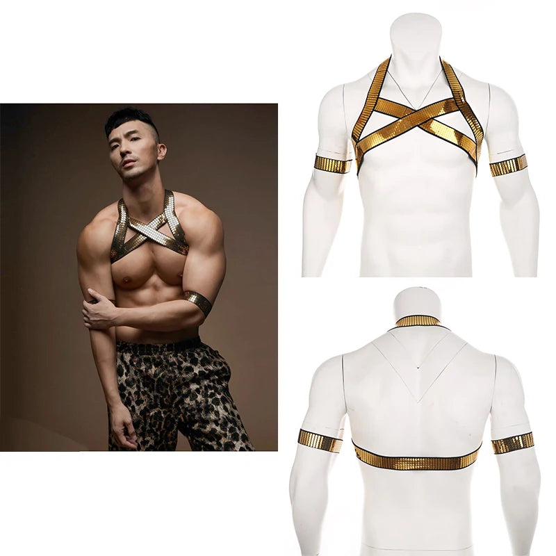 With 2 Arm Bands Men's Golden Shiny Harness Men Bondage for Nightclub Halter Neck Elastic Straps Lingerie Body Chest Harness