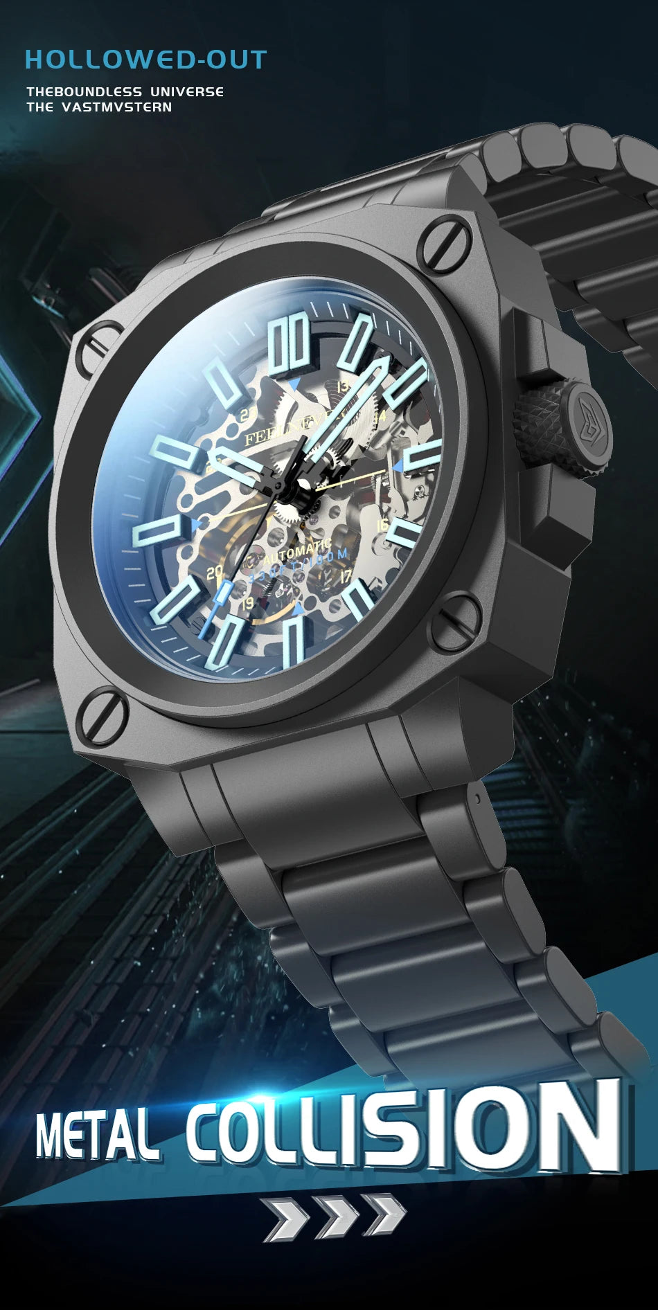 FeelNever Kreative Herrenuhr mit Automatikwerk, ausgehöhlt, modisch, lässig, sportlich, Militär, Leder, wasserdicht, mechanische Uhr + Box