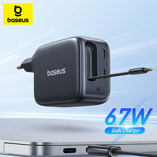 Baseus 67W GaN Charger With Retractable Cable Fast Charger for iPhone Xiaomi Samsung Travel Charger Universal Phone Charger