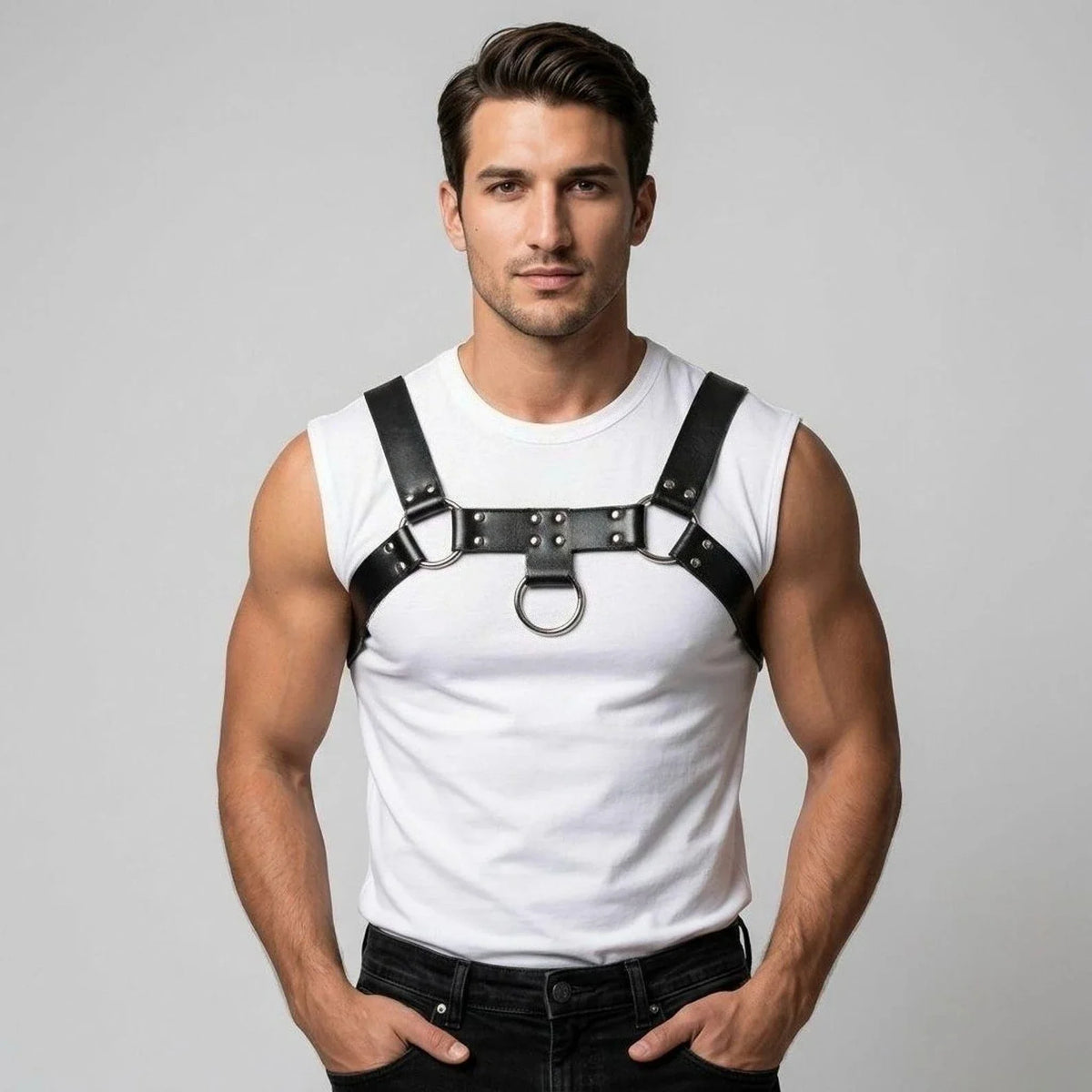 Men’s PU Leather Chest Harness O Ring Body Harness Adjustable Shoulder Strap Punk Streetwear