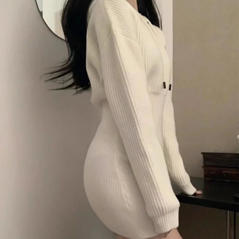White Thicken Knit Mini Dress Woman Korean Elastic High Waist Bandage Dresses Women Hooded Outwear Long Sleeve Slim Dress