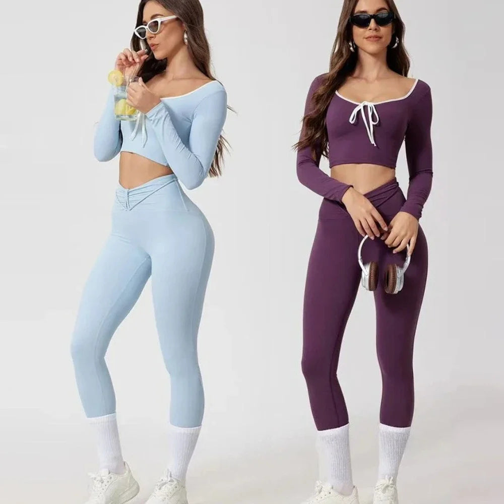 Seamless Yoga Sets Sports Tops Fitness High Waist Hip Lifting Pants Long-Sleeved Suit Running Workout Gym Leggings Set for Women