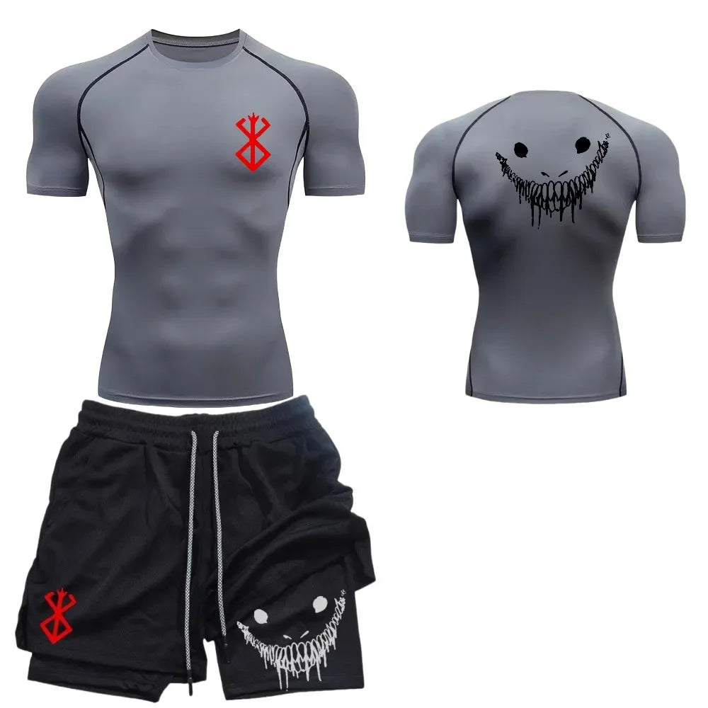 Men's fashionable casual fitness set, gym quick drying sportswear, shorts+shirt, 2-piece set, running, training, summer