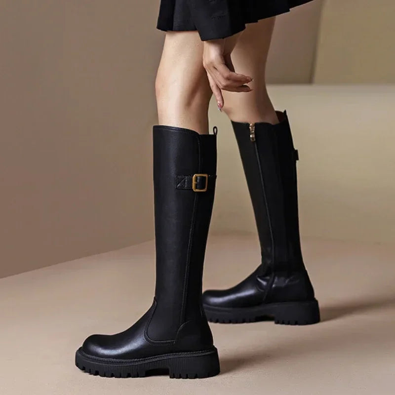 2025 Platform Women Knee Chunky Heels Boots Fashion Belt Buckle Knight Long Booties Autumn Winter Female Thick Heel Shoes