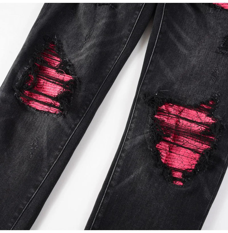 Men Cracked Leather Patch Biker Jeans Streetwear Pleated Patchwork Holes Ripped Stretch Denim Pants Skinny Tapered Trousers