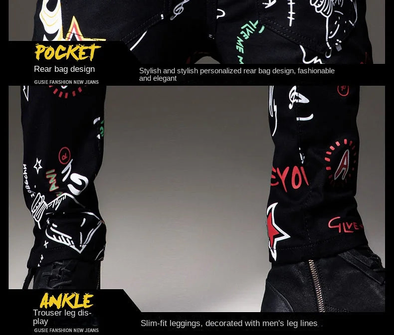 Luxuriöse Jeanshose für Herren, Hip-Hop-Jeans mit Graffiti-Print, Designer-Jeans in Slim Fit, trendige schwarze Jeans, Stretch-Cowboy-Baumwollhose für Männer