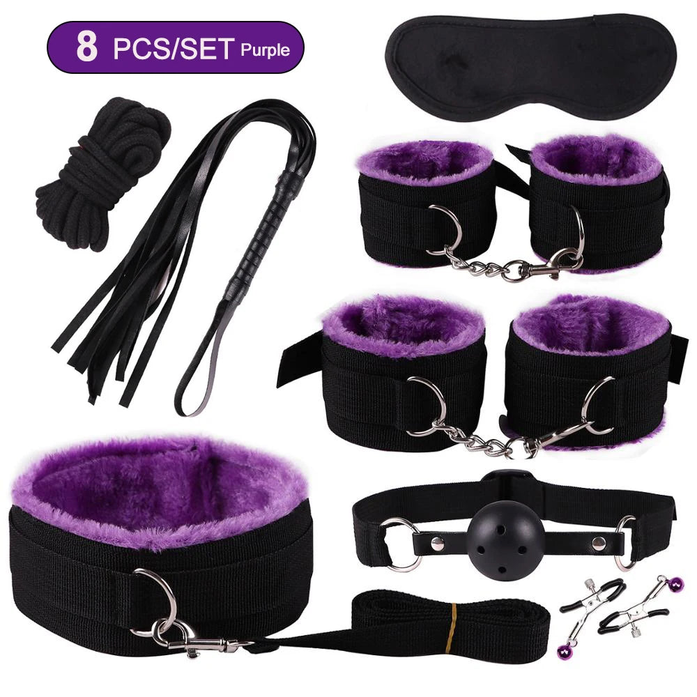 Hot Exotic Bed B+ndage Set B+SM Kits Exotic S*x Toys For Women  Adults Games Leather Handcuffs Whip Gag Nipple Clamps S*x