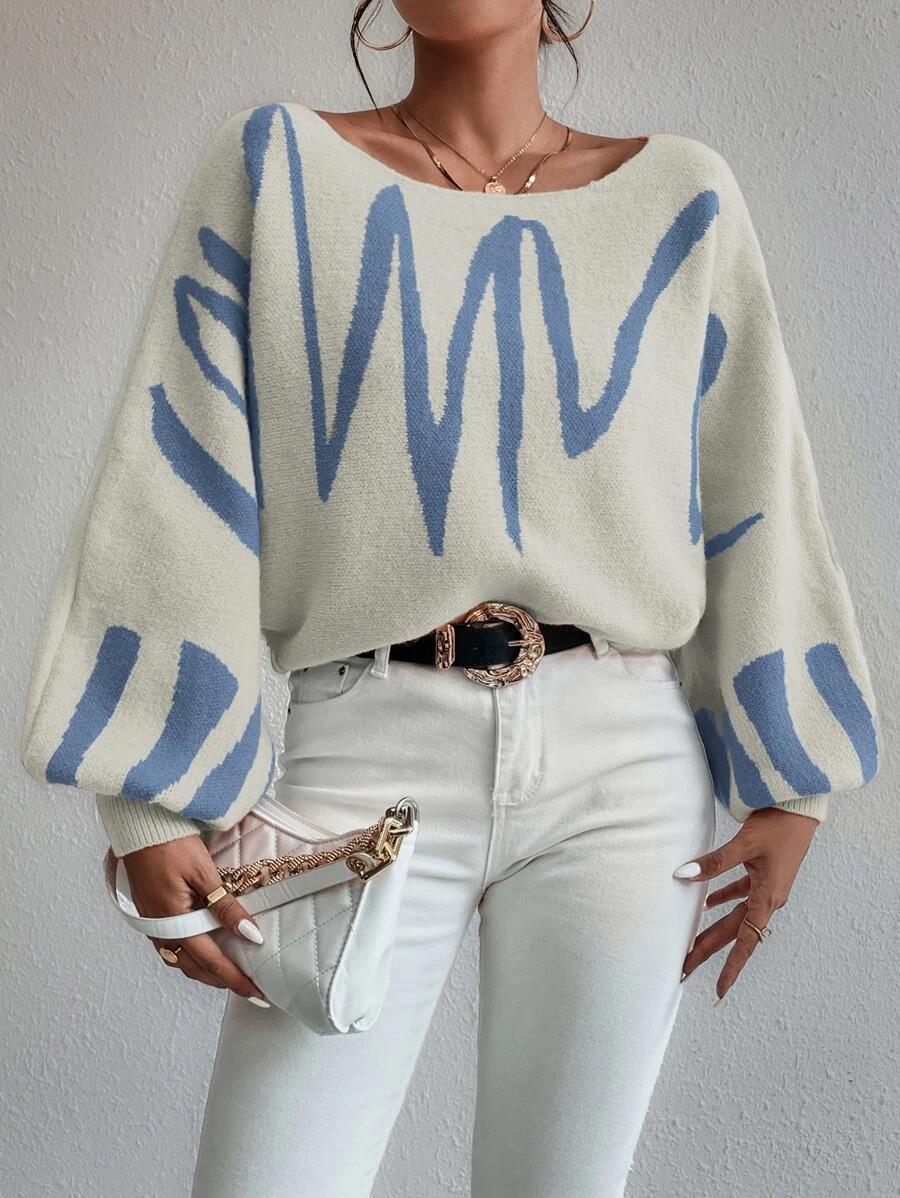 New Lantern-sleeved Pullover Sweater Fashion Line Printed Loose Tops Women's Clothing