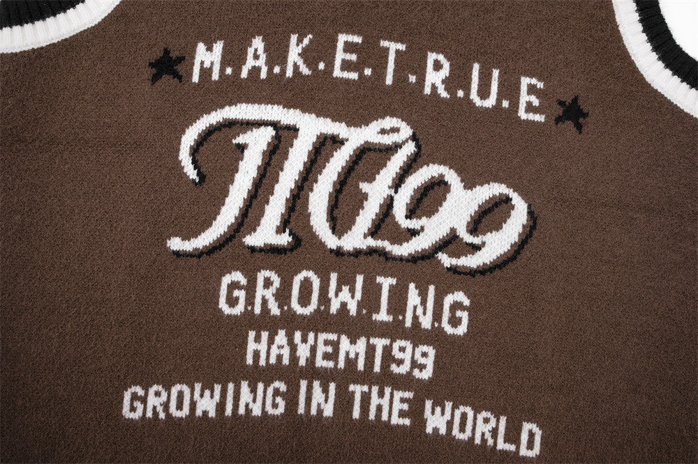 Pulloverweste mit Buchstabenmuster für Herren, lässige Oberbekleidung, V-Ausschnitt, ärmellos, Strickmode