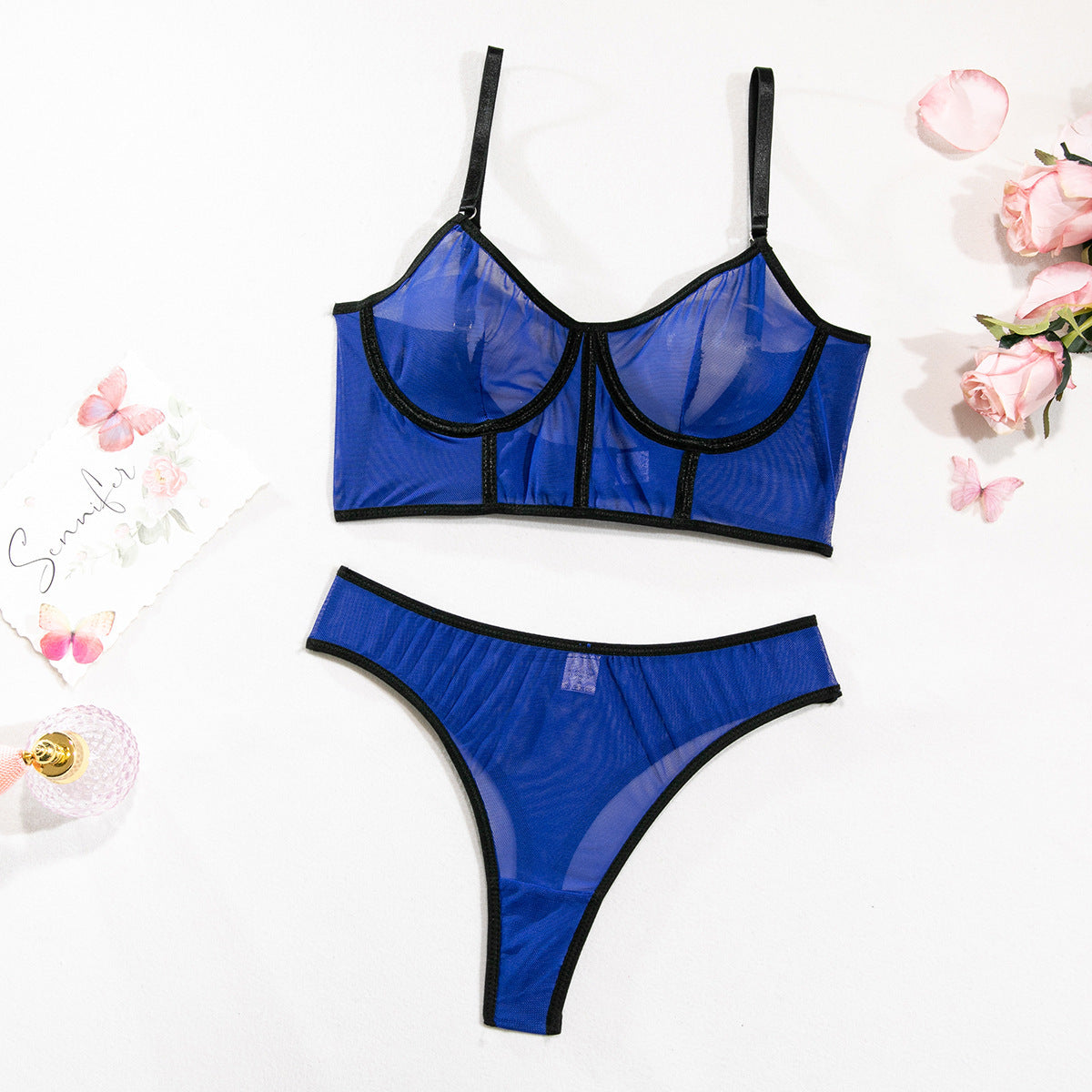 Women's Underwear Fishbone Contrast Color Mesh Push-up Suit