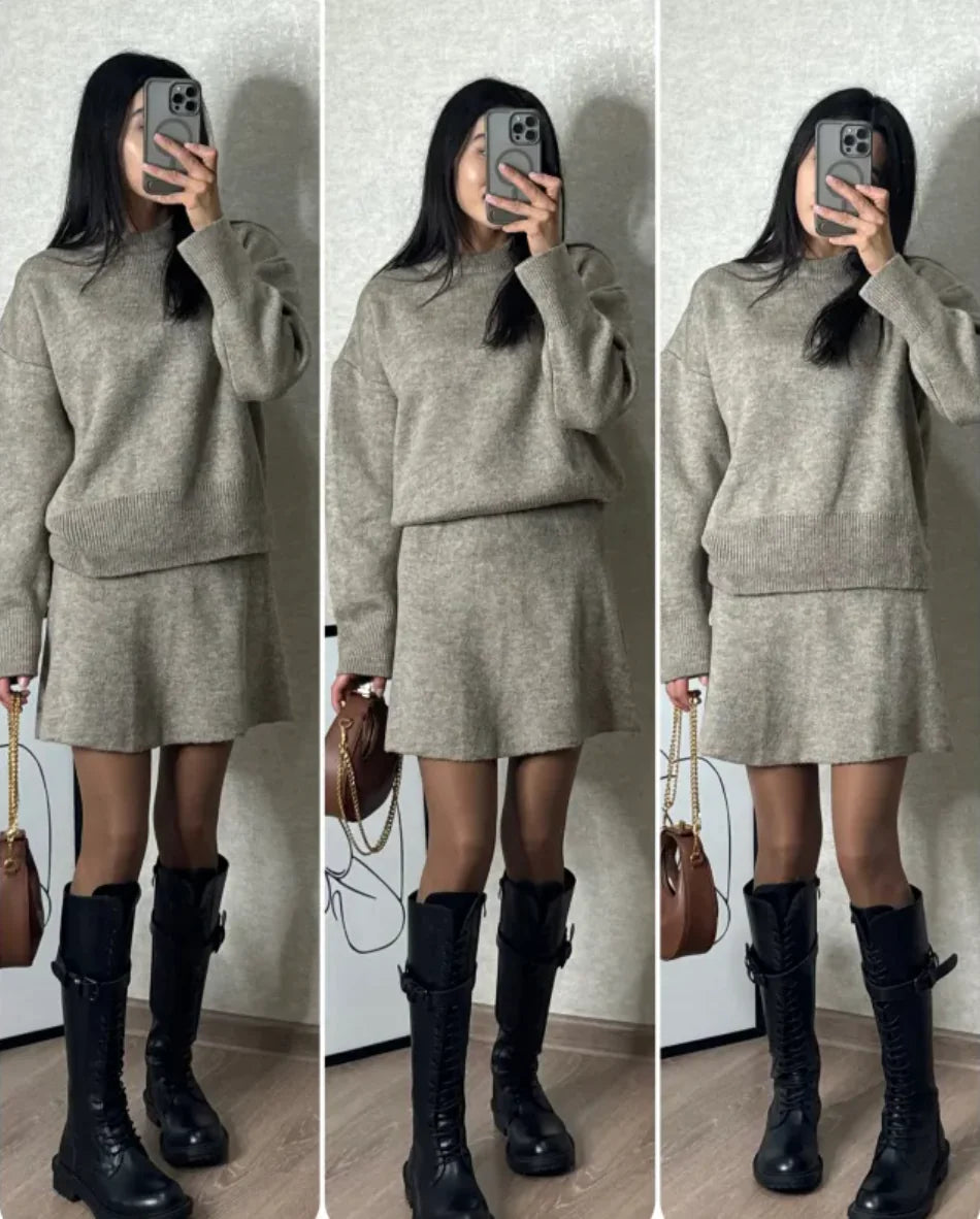 Lässiges, vielseitiges Strickrock-Outfit im College-Stil in reiner Farbe für Damen