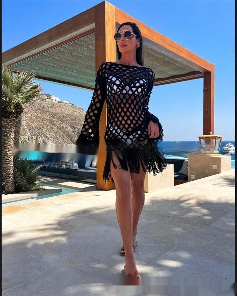 Strand Langarm Pullover Quaste Mesh Bluse