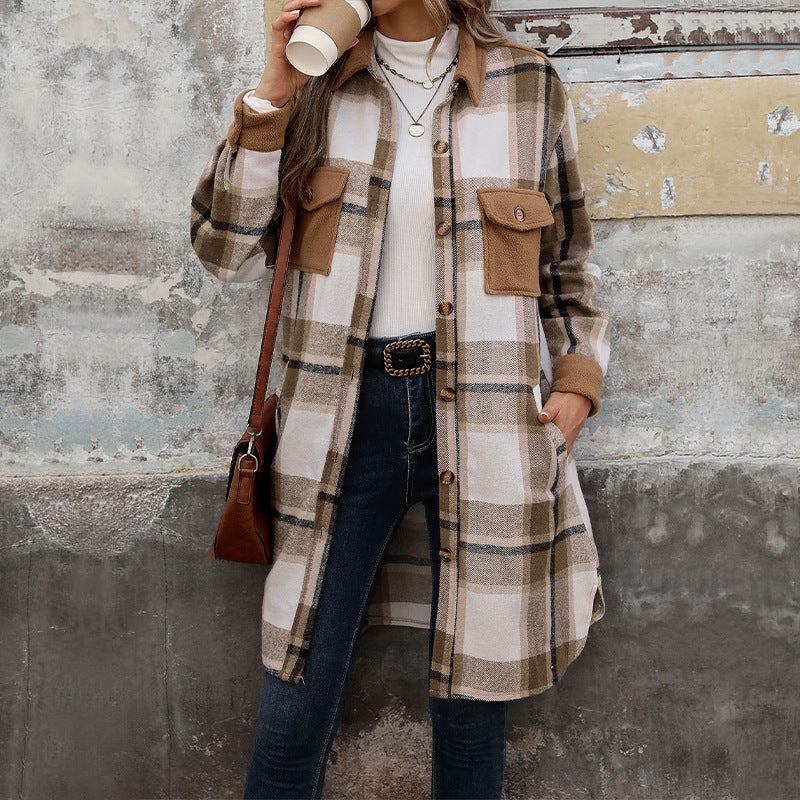 Neuer gebürsteter karierter langer Mantel mit Taschen, modische Winterjacke, Oberbekleidung für Damen