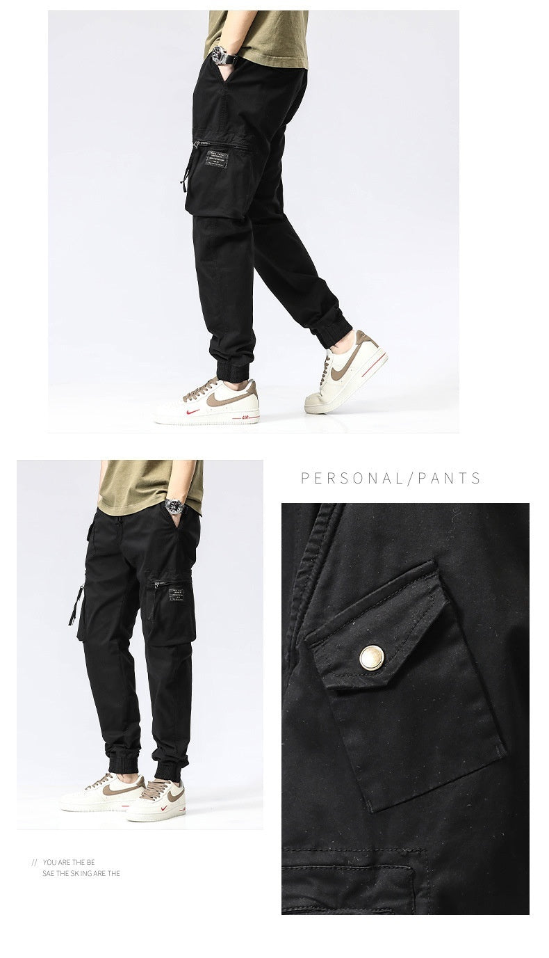 Freizeithose Trendy Brand Elastische Taille Herren Jugend Einfache Reine Baumwolle Multi-Pocket Arbeitshose Hose Knöchelgebunden