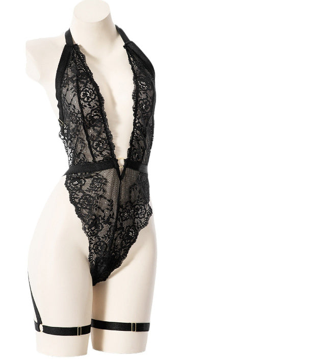 Sexy Pyjama aus Spitze mit Neckholder und Schnürung für Damen