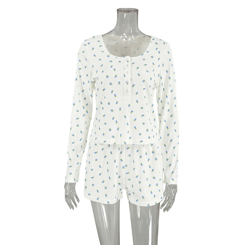 Zweiteilige Homewear mit langärmeligen Pullover-Shorts und Blumendruck