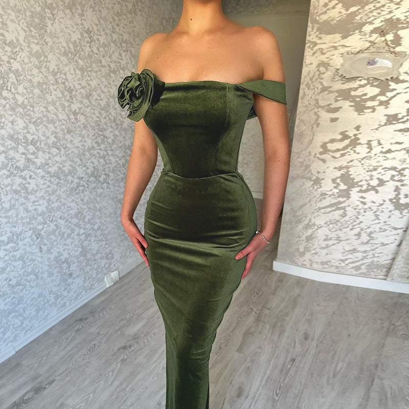 Slim-Fit Off-Shoulder-Kleid mit Blumenmuster aus Samt für Damen