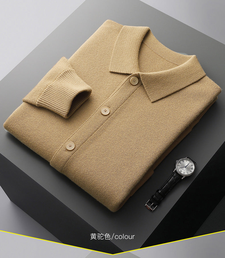Men's Polo Collar Solid Color Wool Cardigan Autumn Winter Retro Pocket Thick Coat