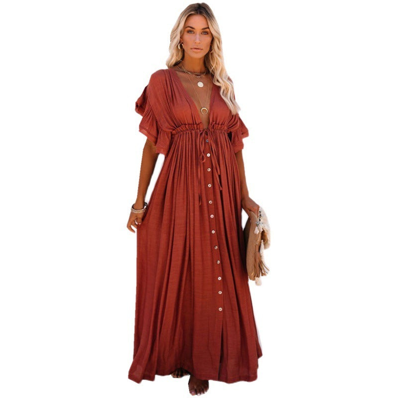 Einfarbiger Strandüberwurf, geflammter Stoff, Knopf-Taillengurt, langes Kleid, Sonnenschutzhemd