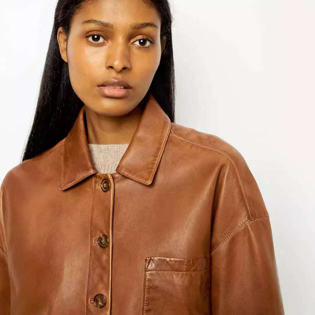 Eleganter brauner Profil-PU-Ledermantel für Damen