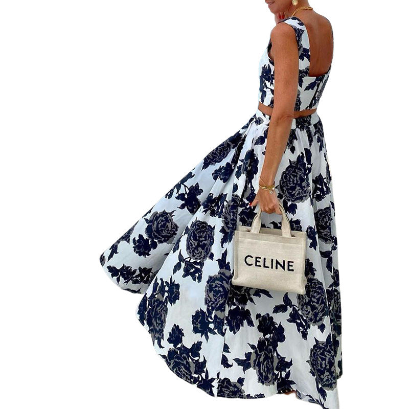 Modisches zweiteiliges Set aus Oberteil und Rock mit bedrucktem Hosenträgern