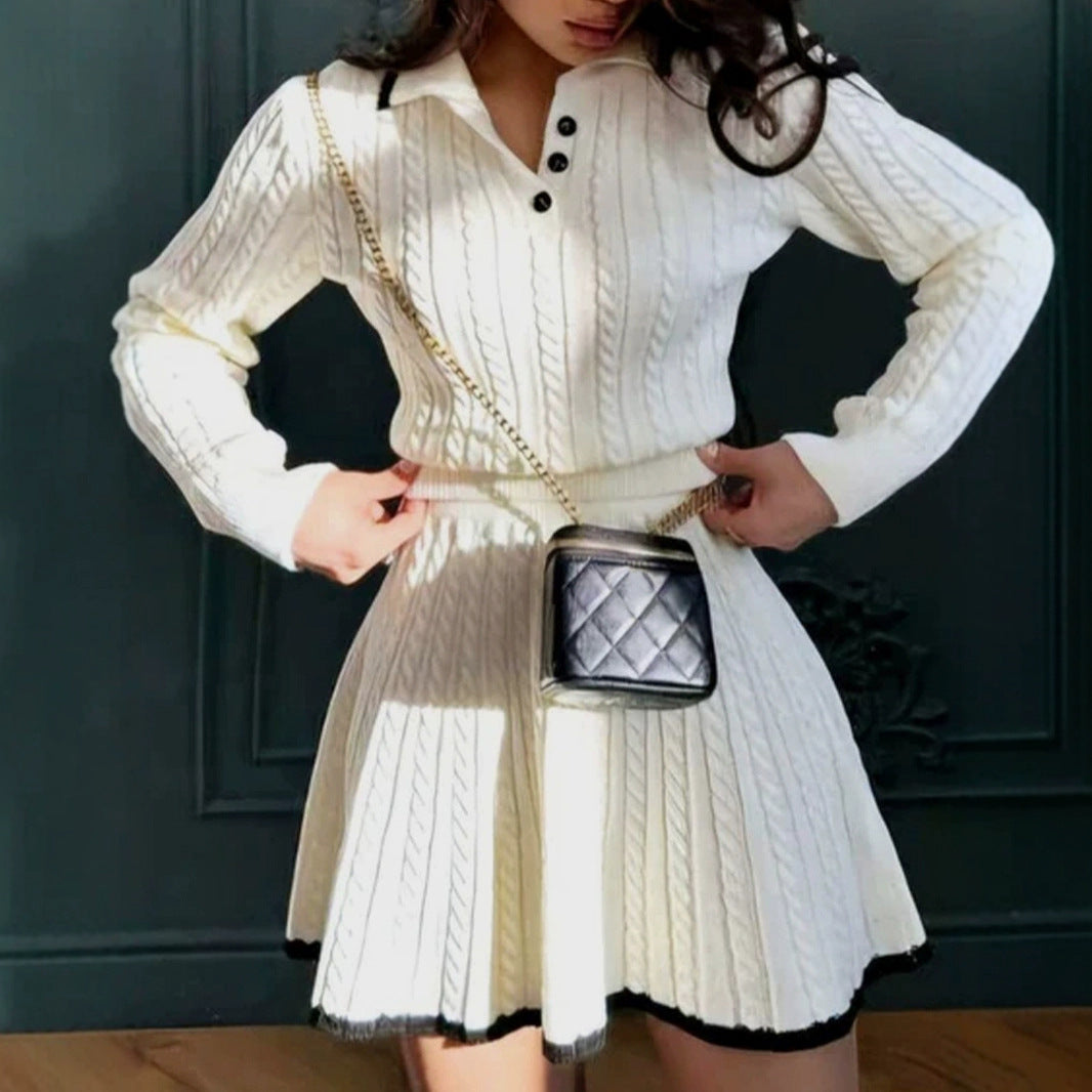 Women's Knit Sweater Long Sleeve Knot Short Skirt Set