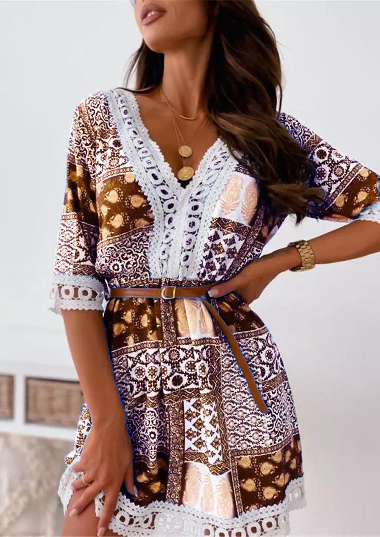 Europäisches und amerikanisches Kleid mit V-Ausschnitt und Spitzengürtel