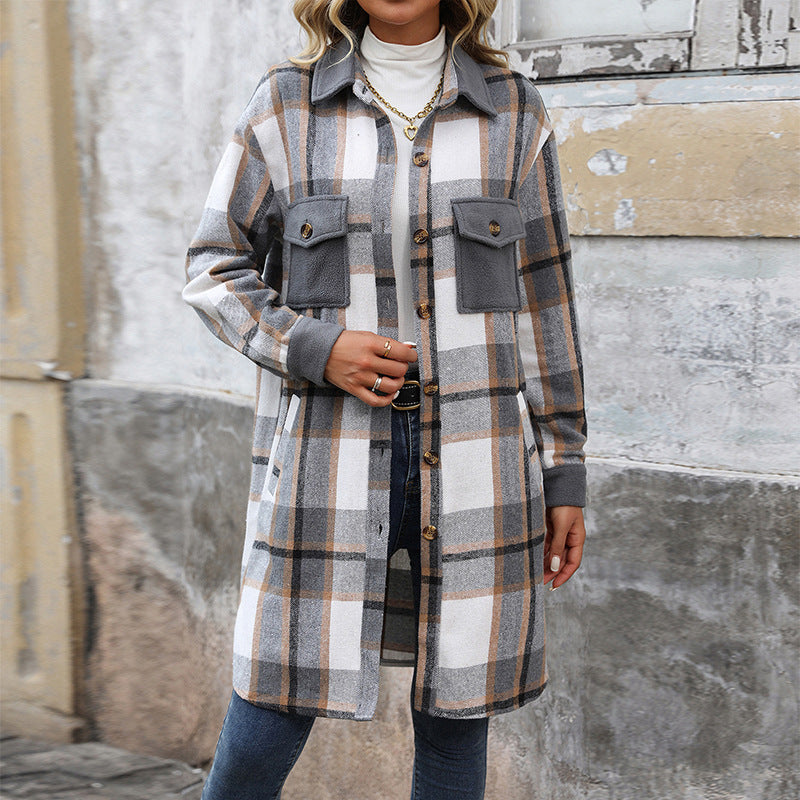 Neuer gebürsteter karierter langer Mantel mit Taschen, modische Winterjacke, Oberbekleidung für Damen
