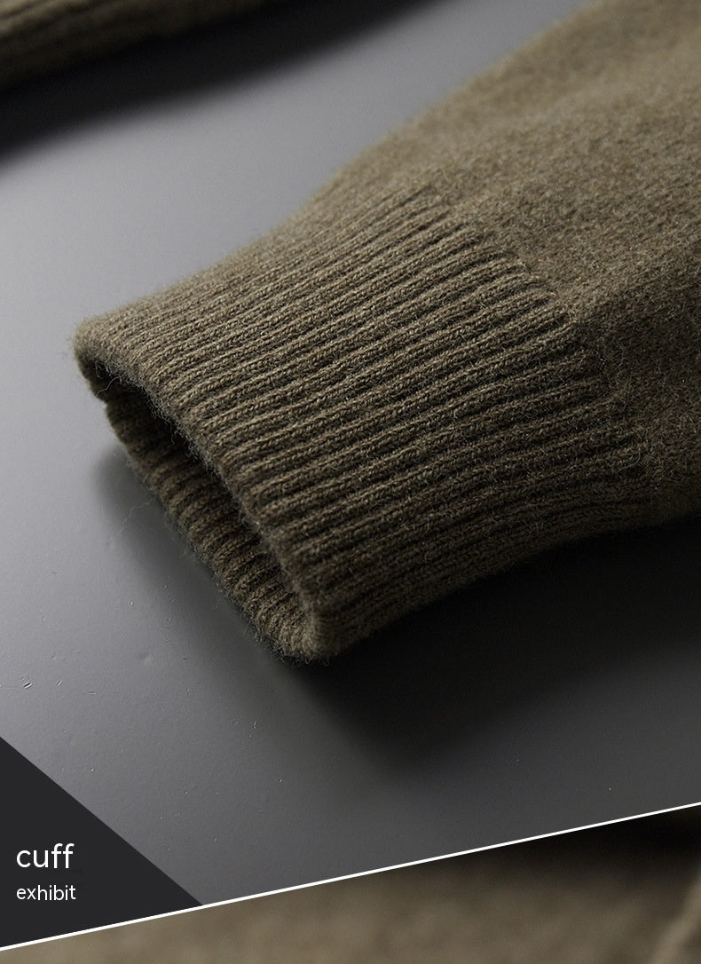 Men's Polo Collar Solid Color Wool Cardigan Autumn Winter Retro Pocket Thick Coat