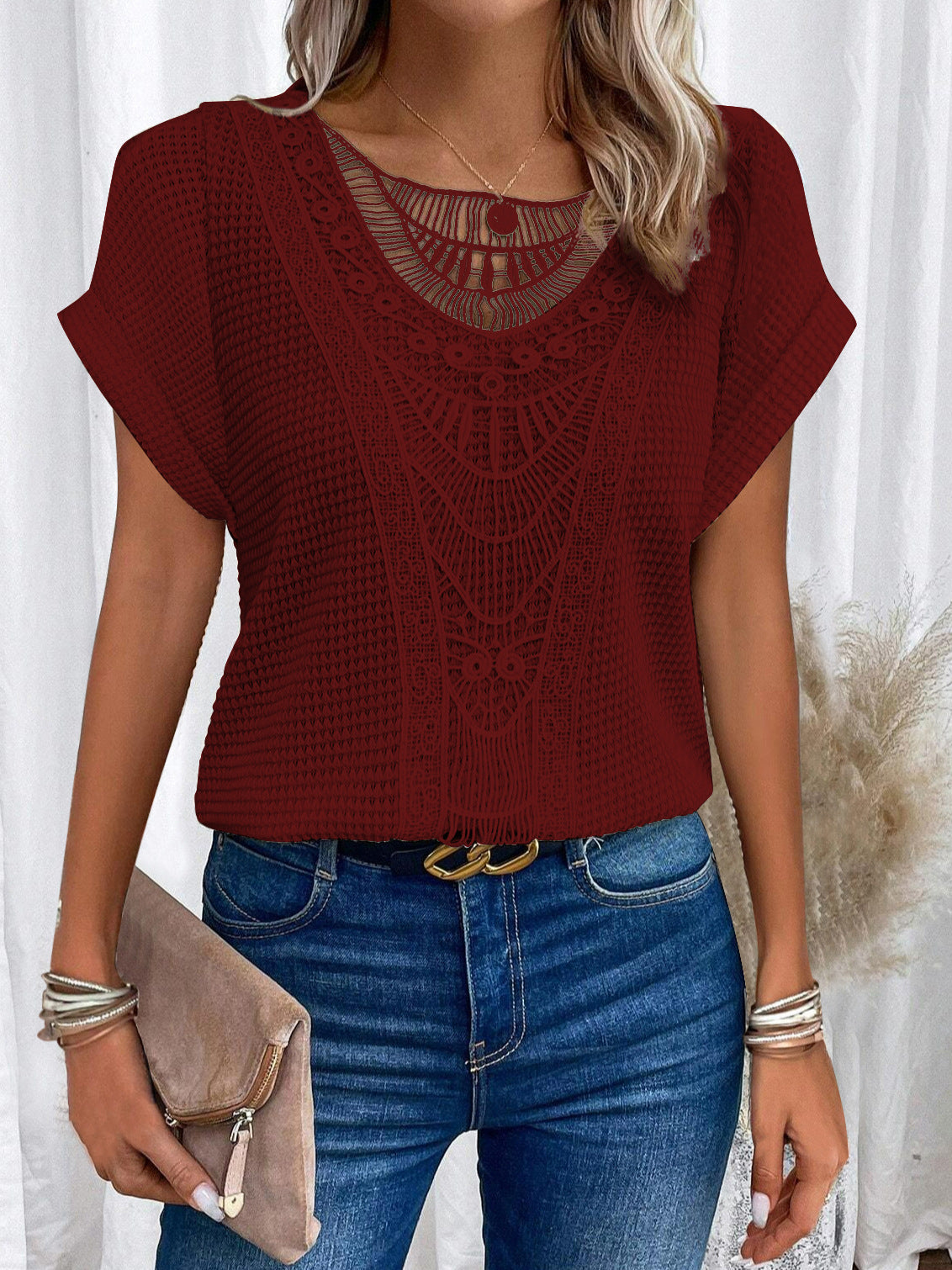 Sommer Aushöhlen Kurzarm T-shirt Damen Kleidung