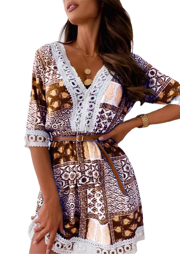 Europäisches und amerikanisches Kleid mit V-Ausschnitt und Spitzengürtel